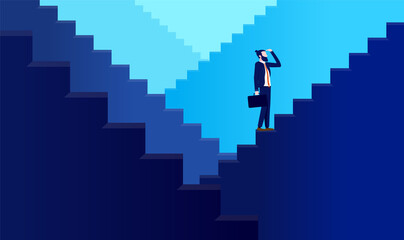 Businessman searching and looking for success in infinite stairs. Career challenge and ambitious concept. Vector illustration