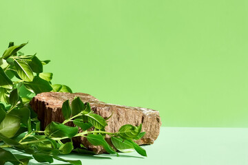 Natural stone podium display with leaf shadow. Product presentati on soft green background. Cosmetics or beauty product promotion minimalist mockup.