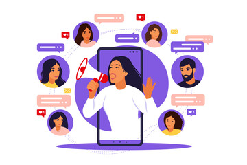 Woman with megaphone on screen mobile phone and young people surrounding her. Vector illustration in flat with characters - influence blogger promotion services and goods for his followers online.