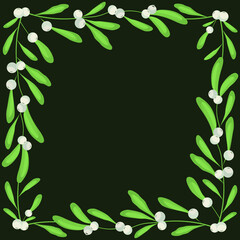 Vector background with white mistletoe on dark green background; for greeting cards, invitations, posters, banners.