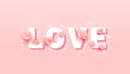 Minimal volumetric text with 3d love shapes on pink background. Cute love banner or greeting card