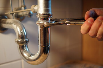 Young plumber fixing a sink in bathroom