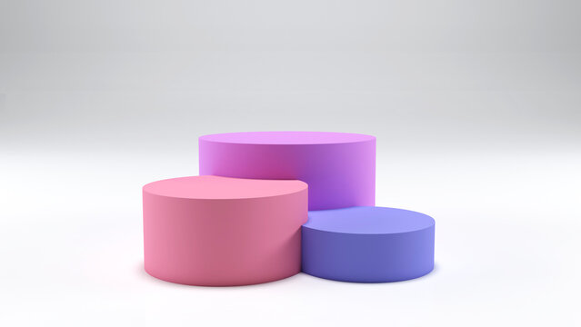 3 three colored Podium - Minimal Round Pedestal and Copy Space - Product Presentation Stand white background - 3d