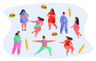 Set of Fat Women with Fast Food and Bread.Fat People Eating Fast Food Set,Women Enjoying of Junk Food, Unhealthy Diet and Lifestyle, Body Positive Concept Vector Illustration