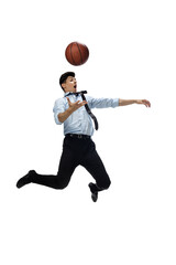 Basketball. Happy young man dancing in casual clothes or suit, remaking legendary moves and dances of celebrity from culture history. Isolated on white. Action, motion, fame concept. Creative