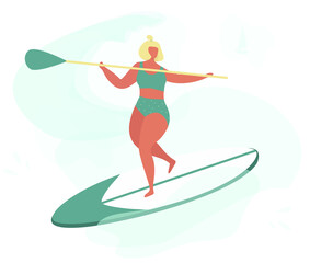 Stand up paddle surfing.Girl on the board.Woman Paddling Boarding on the Waves. Summertime.Fitness on water, healthy lifestyle in flat vector design.Blond female in blue swimsuit.Vector illustration.