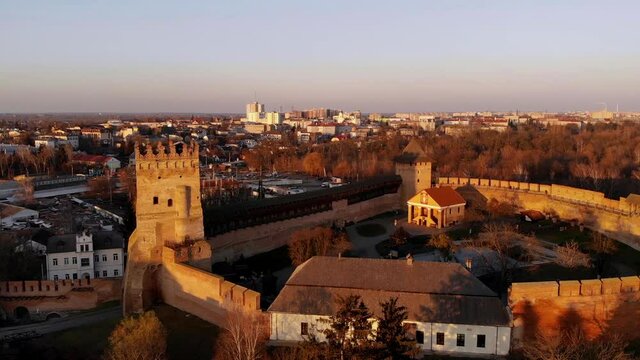 Historic castle at sunset. Ancient Cossack fortress. Shooting from a height.