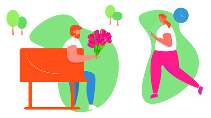 Romantic date. Man with flowers is waiting for a woman on a bench in the park. Girl is late. Happy girlfriend and boyfrien Characters. Man and Woman Meeting in Park. Loving couple on date. Vector.