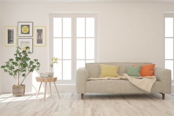 White living room with sofa. Scandinavian interior design. 3D illustration