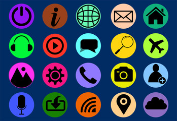 Set of basic and generic icons for business, mobile app, UI and UX with black icons and colorful background
