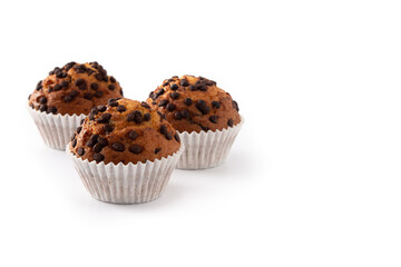 Just baked chocolate muffin isolated on white background. Copy space