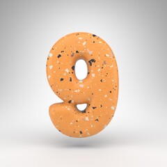 Number 9 on white background. 3D number with orange terrazzo pattern texture.
