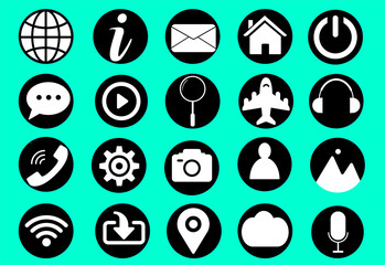 Set of icons for business, mobile app, UI/UX with white and flat icons on black border isolated on cyan background