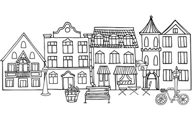 Naklejka premium City street with front view houses. Home facades outline style, with doors, windows and balcony on white background