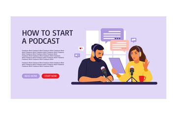 Landing page template for web. People recording podcast in studio flat vector illustration.