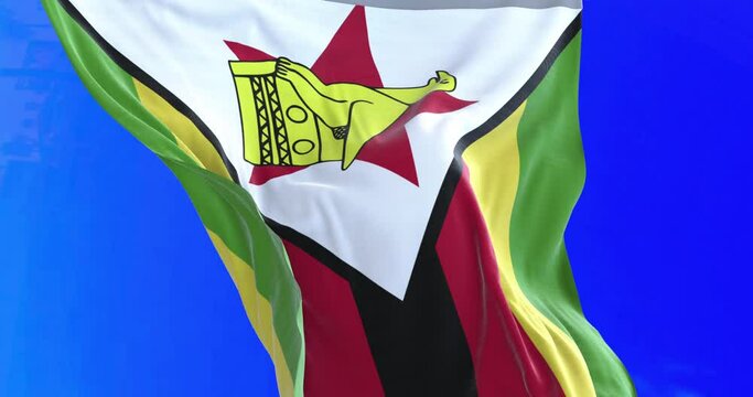 The national flag of Zimbabwe consists of seven even horizontal stripes of green, gold, red and black with a white triangle containing a red 5-pointed star with a Zimbabwe Bird.