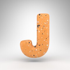 Letter J uppercase on white background. 3D letter with orange terrazzo pattern texture.