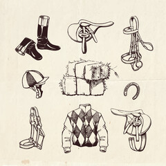 Equestrian collection of hand drawn horse racing equipment - 402300912