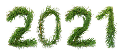 2021 New Year. Two thousand twenty one New Year. Numbers are made of a pine tree branches. Happy...