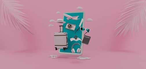 smartphone with Traveling suitcase and travel accessories on pastel color background. wanderlust and travel concept. 3d rendering.	
