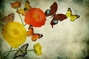 Textured old paper background with beautiful wild flowers and exotic butterflies