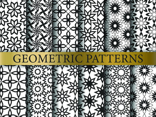 Set of seamless vector geometric patterns. Collection black and white abstract geometrical backgrounds for design, fabric, textile, wrapping etc.	