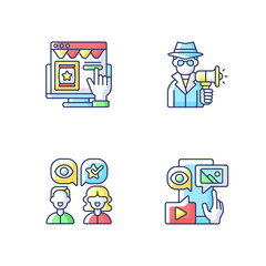 Marketing strategies RGB color icons set. CTA business model. Telling other people about product or service recently bought. Isolated vector illustrations