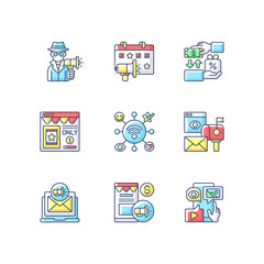 Marketing strategies RGB color icons set. Advertising product on close range area. Sending adds directly to customers. Isolated vector illustrations