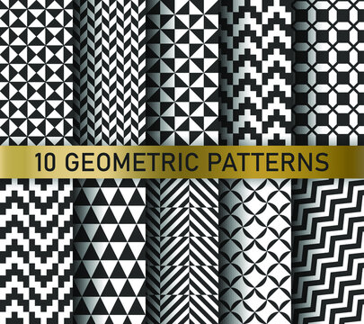 Set of vector mosaic decorative patterns. Collection black and white abstract geometrical backgrounds for design, fabric, textile, wrapping etc. 