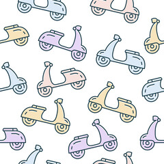 Scooters seamless vector pattern. Motorcycle white background in pastel colors. Vector travel transportation illustration.