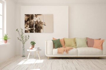 White living room with sofa. Scandinavian interior design. 3D illustration