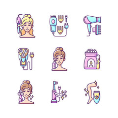 Skincare routine RGB color icons set. Hairstyling appliance. Electric hair clippers. Blackhead remover. Electric shaver. Makeup sponge. Hair dryer. Wax warmer. Epilator. Isolated vector illustrations