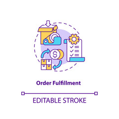 Order fulfillment concept icon. Warehouse audit elements. Process and delivering orders to customers. Delievery idea thin line illustration. Vector isolated outline RGB color drawing. Editable stroke