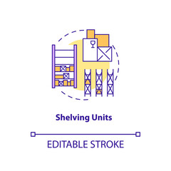 Shelving units concept icon. Key warehouse equipment. Flexible display system which can be moved. Product idea thin line illustration. Vector isolated outline RGB color drawing. Editable stroke