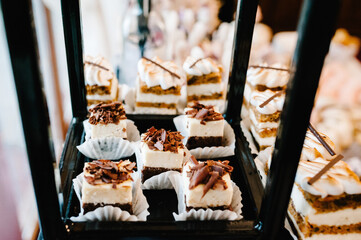 Sweet table. A plates of cakes. Table with sweets, buffet. Dessert table for a party goodies. Party reception, decorated delicious in restaurant. Candy bar.