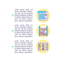 Warehouse merchandise storage concept icon with text. Storehouse parcels organization. PPT page vector template. Brochure, magazine, booklet design element with linear illustrations