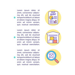 Warehouse inventory concept icon with text. Storehouse audit. Retail business. Inventory organization. PPT page vector template. Brochure, magazine, booklet design element with linear illustrations