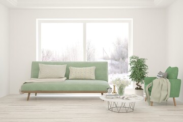 White living room with sofa and winter landscape in window. Scandinavian interior design. 3D illustration