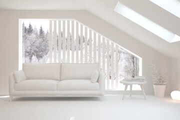 Fototapeta premium Mock up of stylish room in white color with sofa and winter landscape in window. Scandinavian interior design. 3D illustration