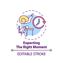 Right moment expecting concept icon. Procrastination reason idea thin line illustration. Performing tasks at time. Waiting for perfect time. Vector isolated outline RGB color drawing. Editable stroke