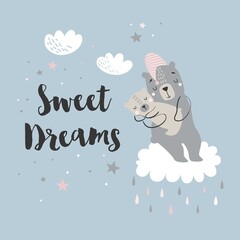 Vector bear with baby bear, clouds and stars, cute characters poster for baby room, greeting card, kids and baby t-shirts and apparel