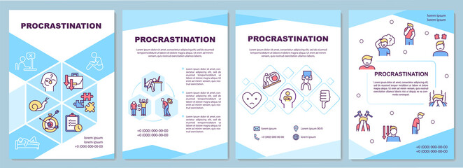 Fototapeta na wymiar Procrastination brochure template. Flyer, booklet, leaflet print, cover design with linear icons. Delaying things. Minimize laziness. Vector layouts for magazines, annual reports, advertising posters