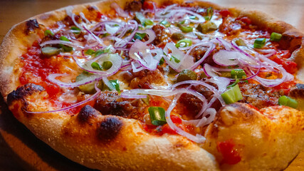 Delicious and appetizing pizza photographed a close up