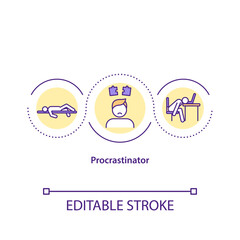 Procrastinator concept icon. Action of delaying or postponing different tasks. Doing work on last day idea thin line illustration. Vector isolated outline RGB color drawing. Editable stroke
