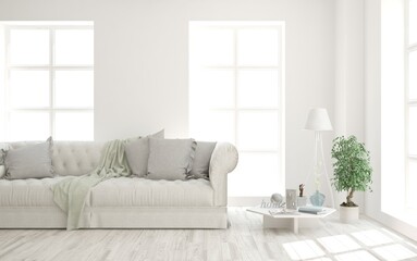White living room with sofa. Scandinavian interior design. 3D illustration