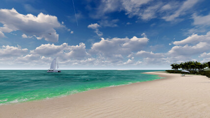 beach with yacht and clouds