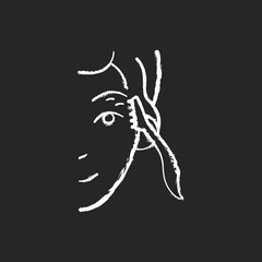 Eyebrow razor chalk white icon on black background. Shaving brows. Removing fine eyebrow, neck and face hairs. Small beauty tool. Reducing unnecessary hairs. Isolated vector chalkboard illustration