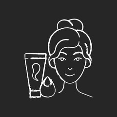 Makeup sponge chalk white icon on black background. Foundation, concealer, beauty balms applying. Teardrop-shaped sponge. Achieving sheer makeup application. Isolated vector chalkboard illustration