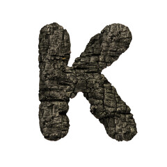 burned wood letter K - Capital 3d charcoal font - suitable for Nature, disaster or fire related subjects