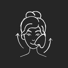 Gua sha stone chalk white icon on black background. Removing puffiness under eyes. Angled stone. Scraping skin on face. Promoting blood flow. Chinese tool. Isolated vector chalkboard illustration
